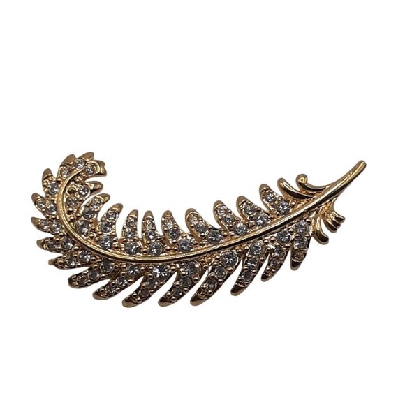 Signed Swarovski Gold Tone Feather Pave Clear Crystal Brooch Pin 2